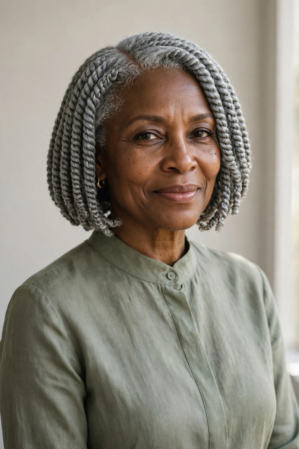 Woman with a gray crochet twist bob in an elegant silver shade styled in neat short twists