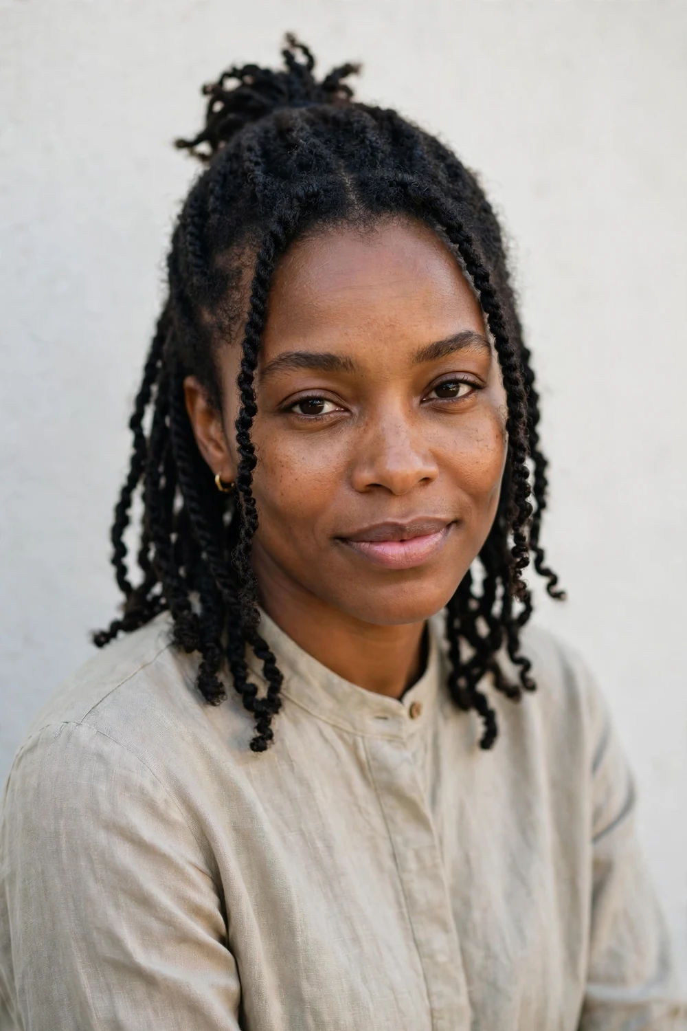 Woman with half-up short crochet twists featuring a small top bun with loose twists falling below
