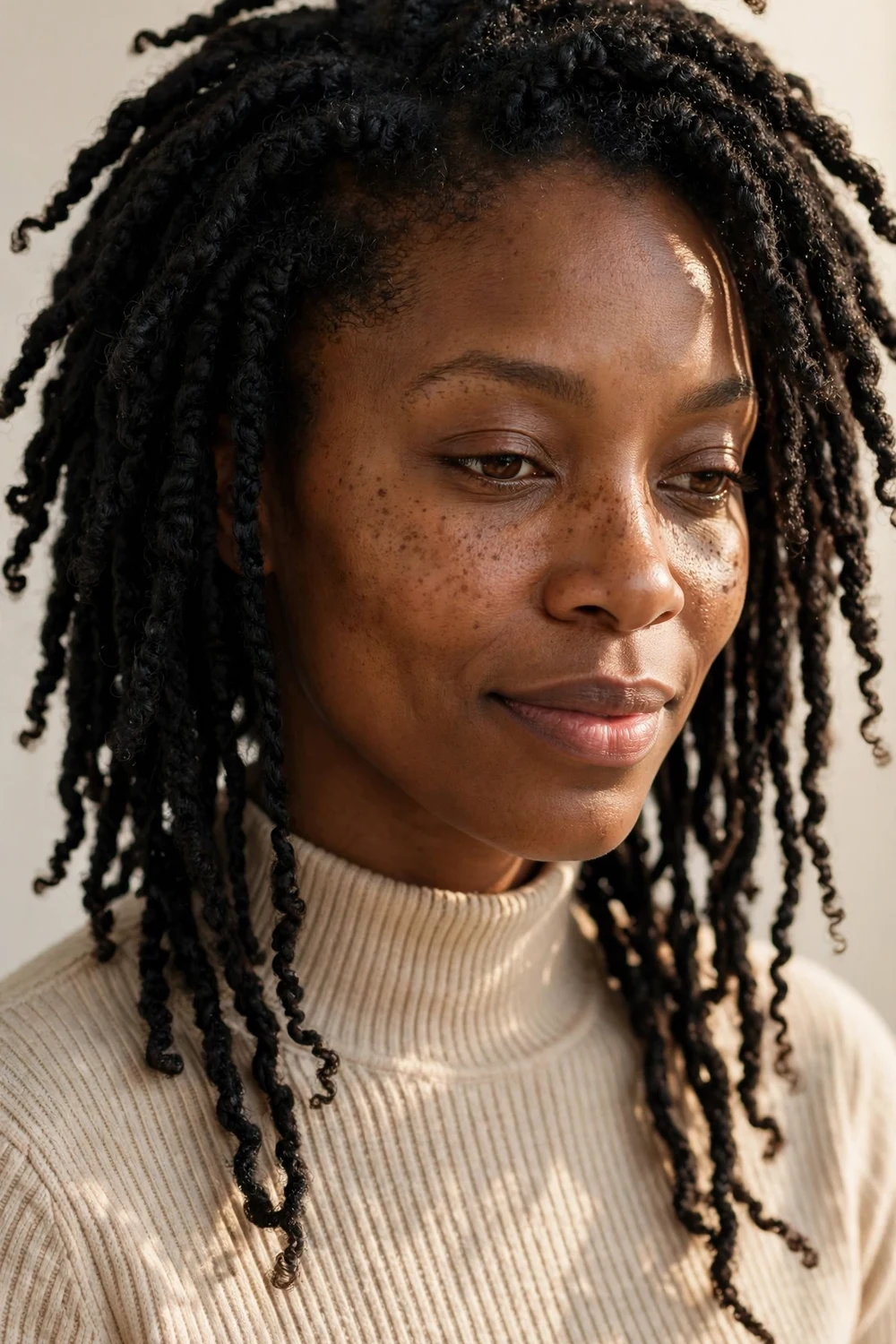 Woman with layered short crochet twists showing different twist lengths creating shape and movement