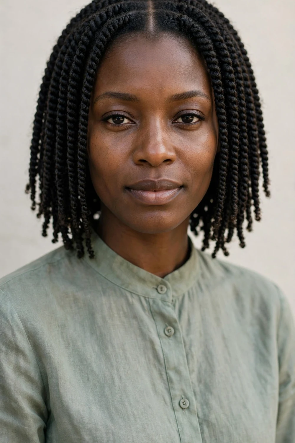 Woman with middle-part short crochet twists falling evenly on both sides with a clean center part