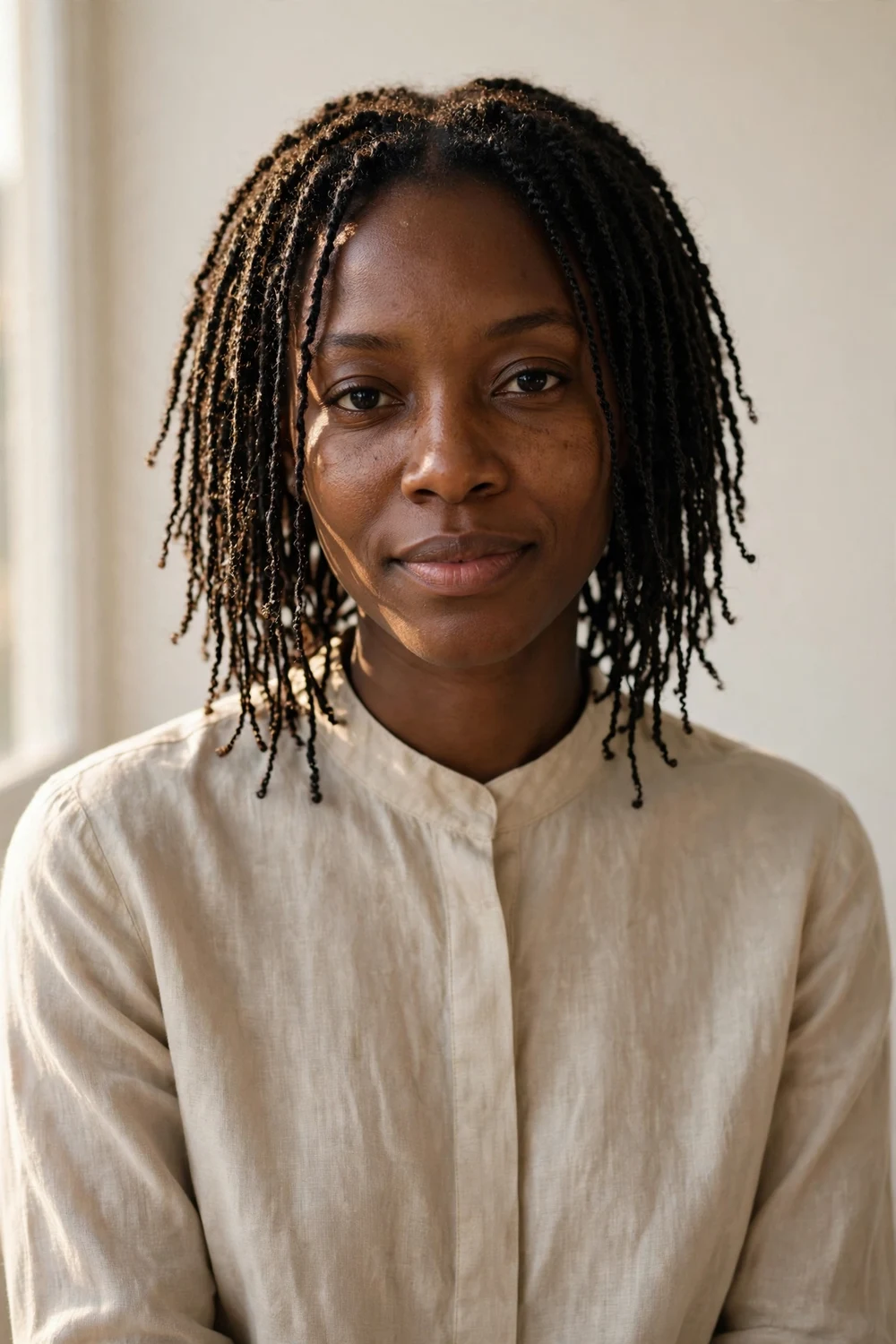 Woman with mini crochet twists at a short length featuring fine delicate natural-looking twists