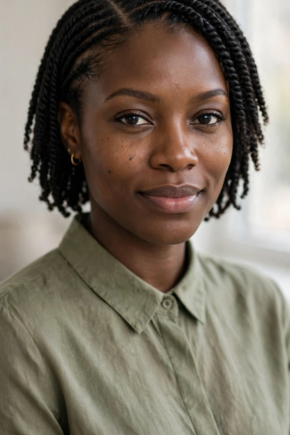 Woman with side-parted sleek crochet twists styled neatly with a deep side part for a polished look