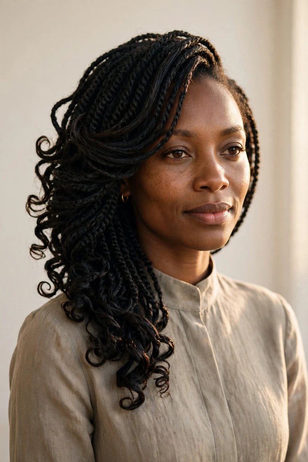 Woman with side-swept short crochet twists cascading to one side with curled ends