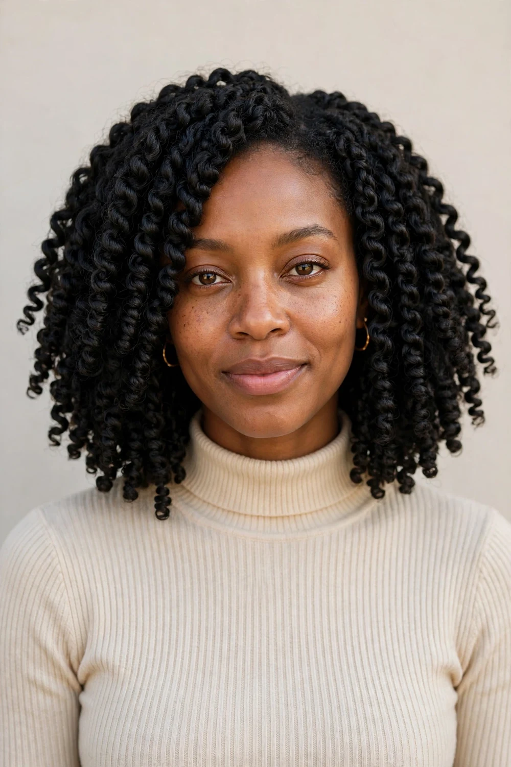 Woman with a shoulder-length spring twist bob showing tight bouncy coils and full volume