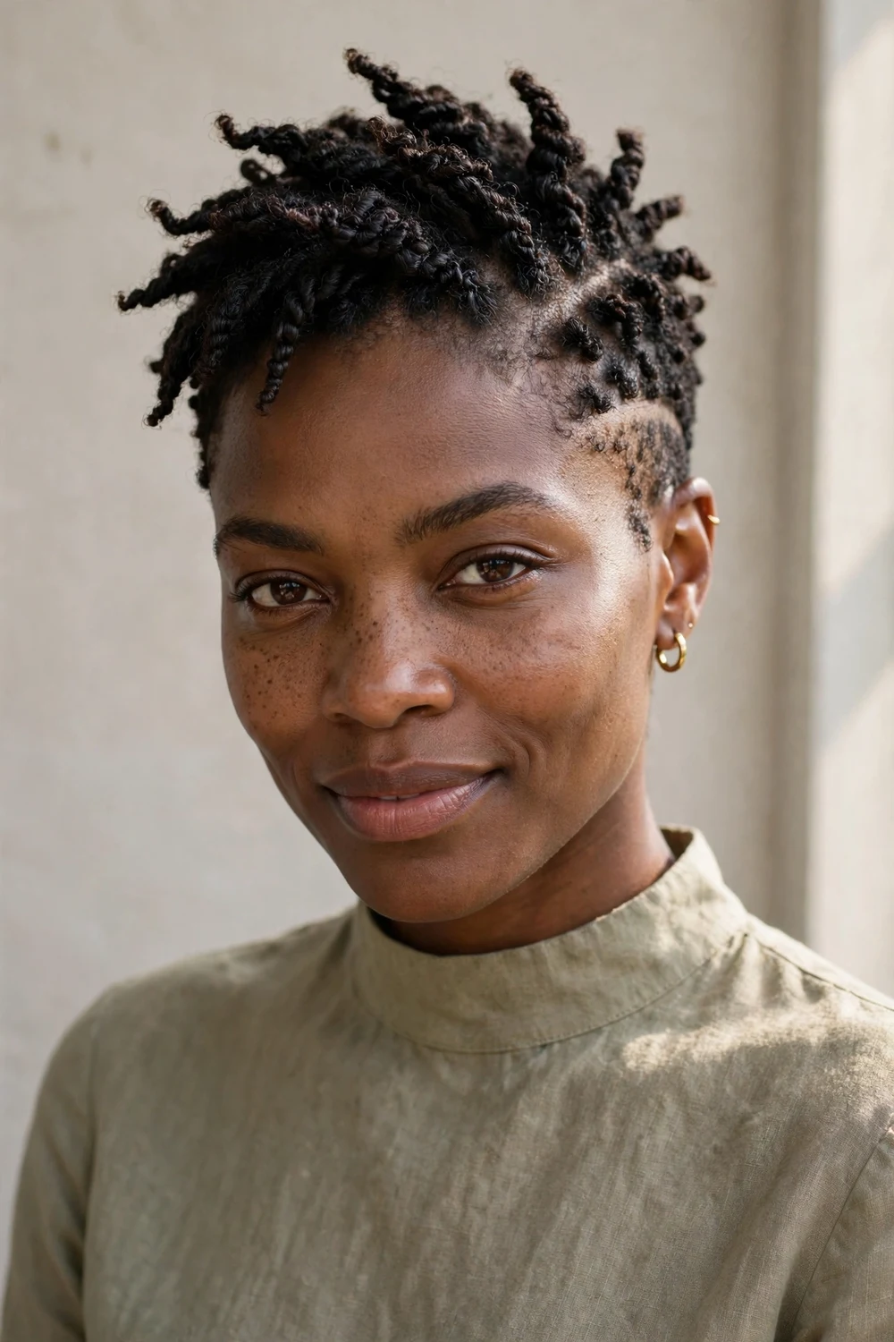 Woman with a crochet twist pixie featuring short twists close on the sides with longer twists on top