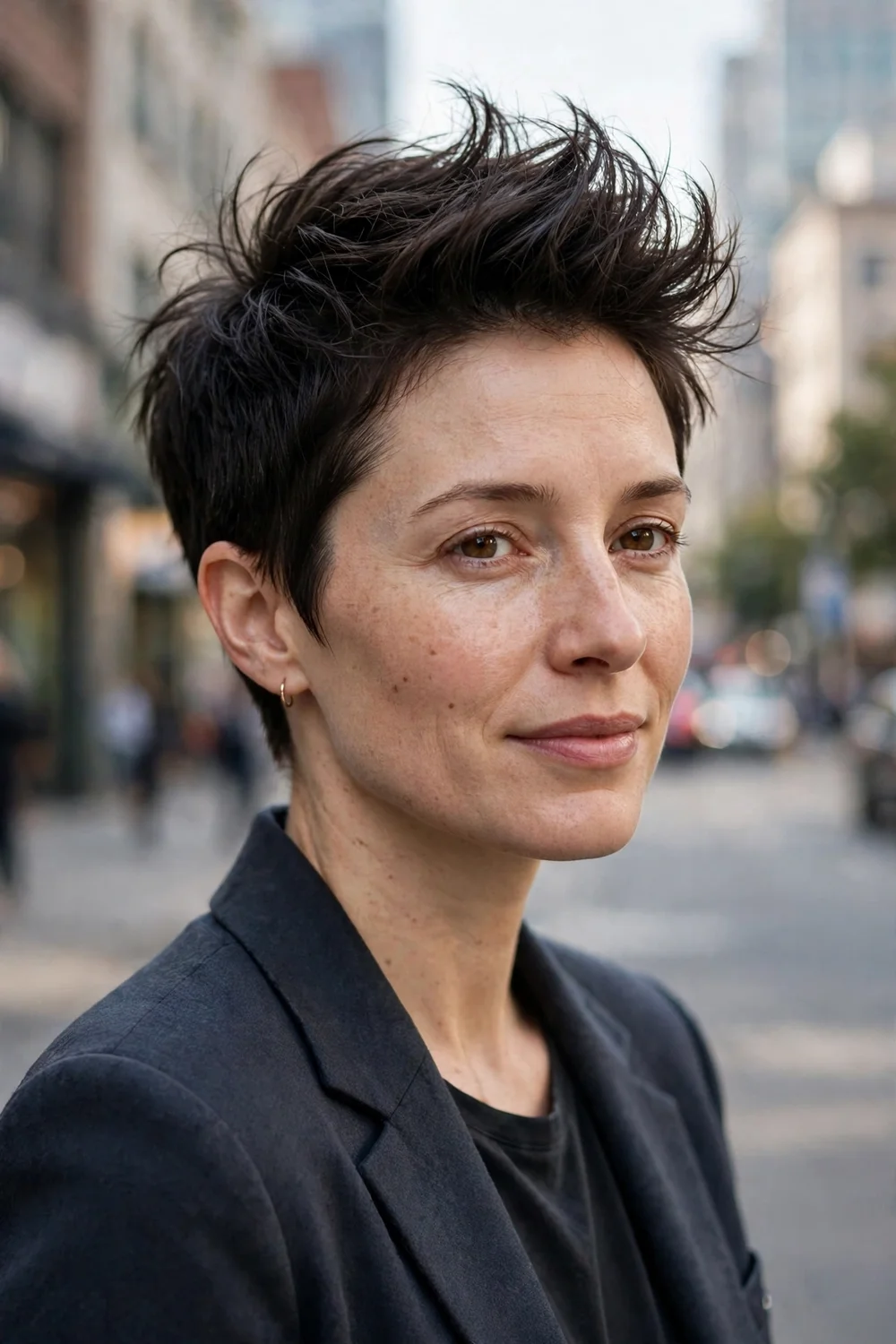 Woman with a short crop haircut with volume on top for thin hair