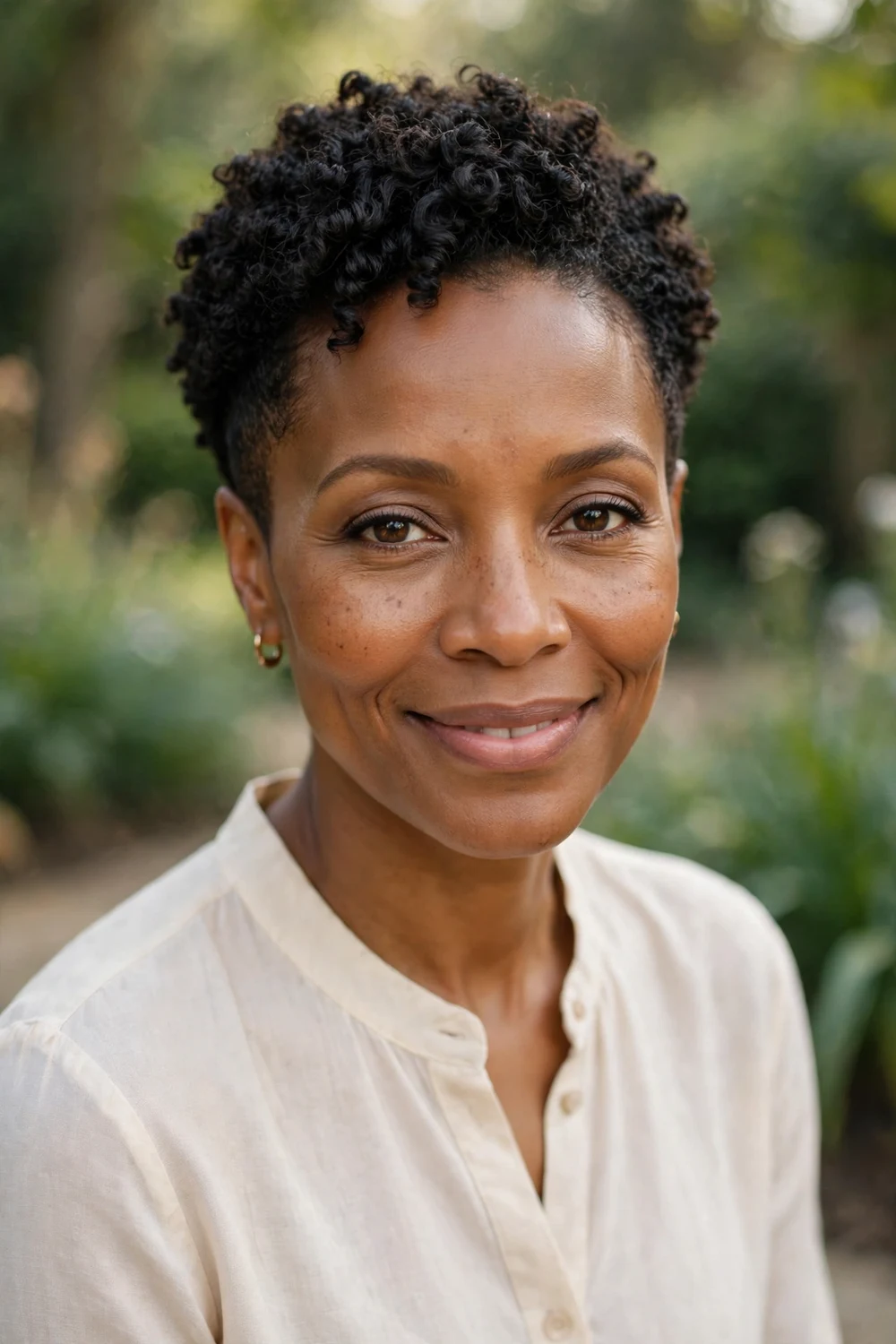 Black woman in her mid-40s with short curls and a cleanly tapered back