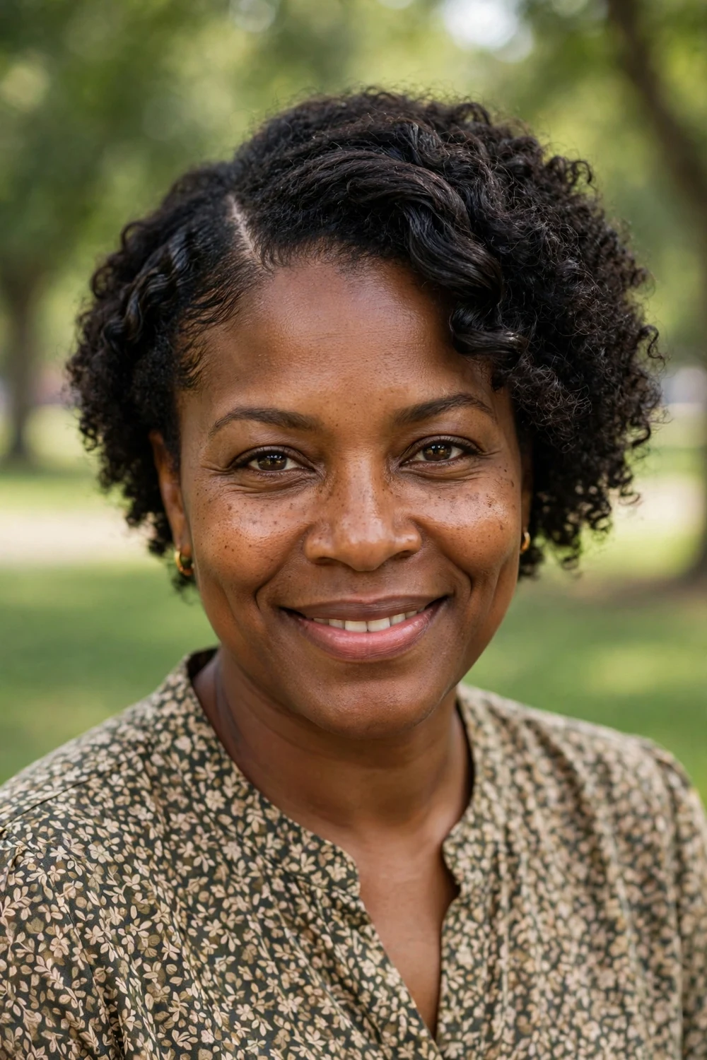 Black woman in her early 40s with a short curly afro and a clean deep side part