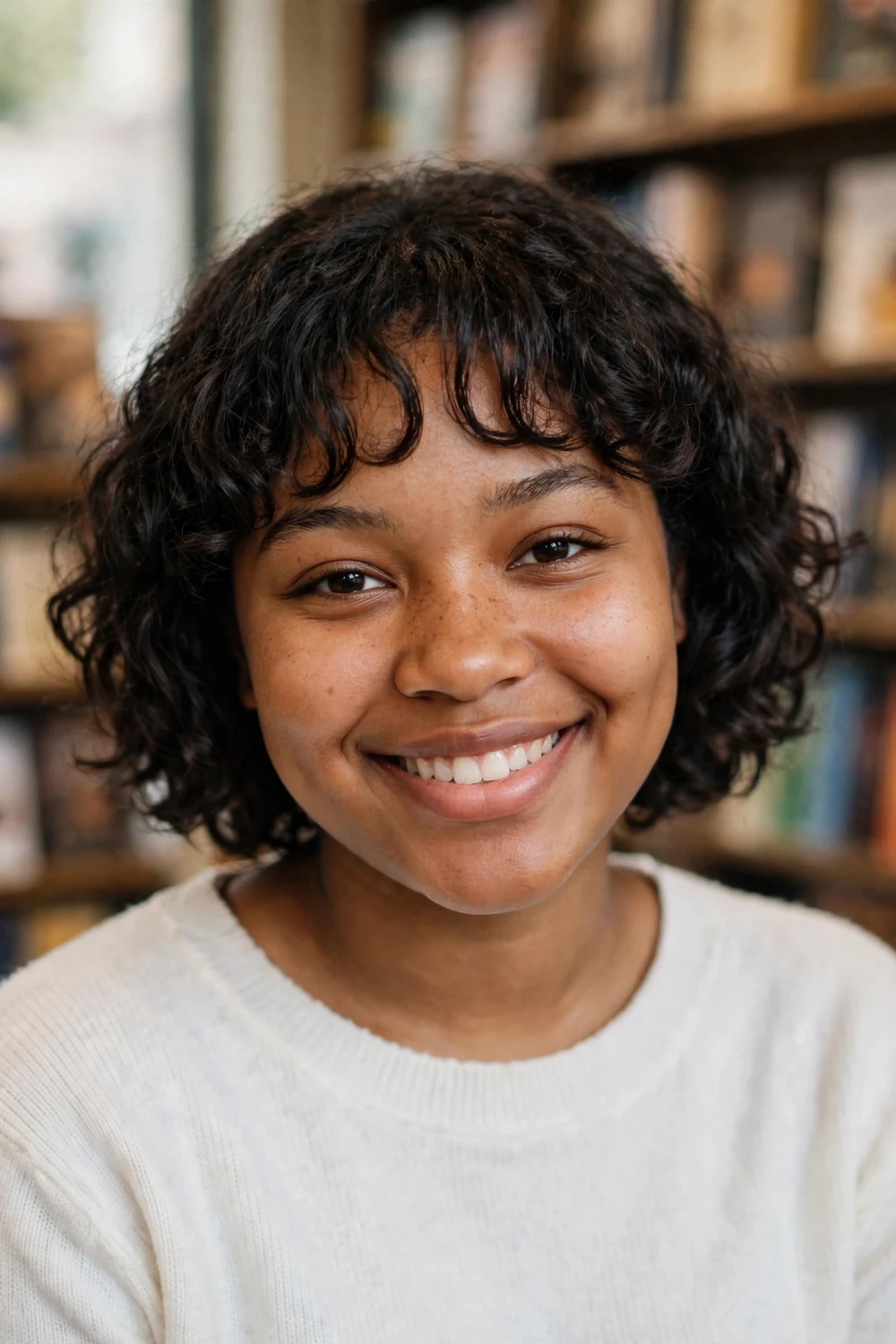 Black woman in her early 20s with a short curly bob and soft curly bangs