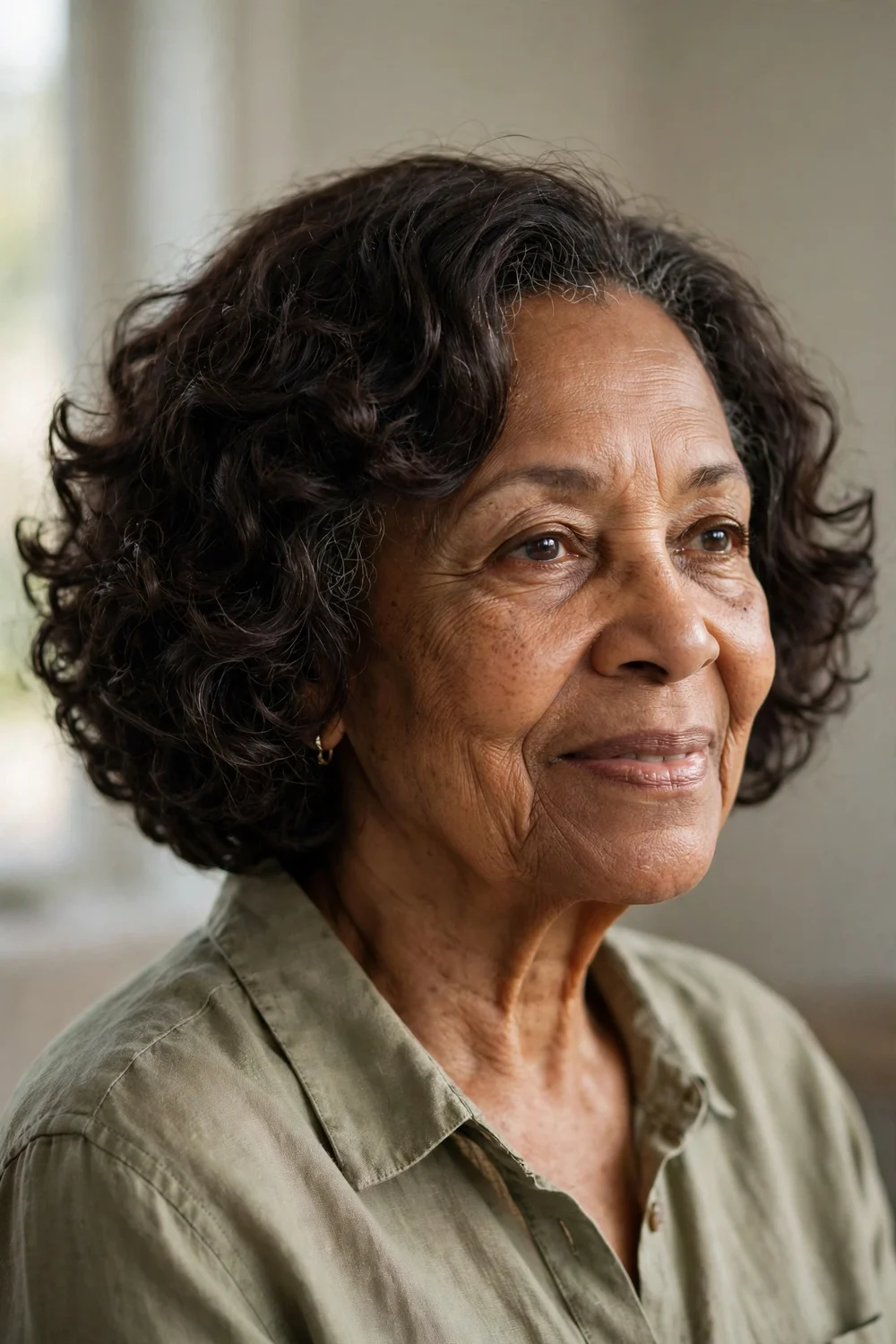 Older woman with a short rounded curly bob