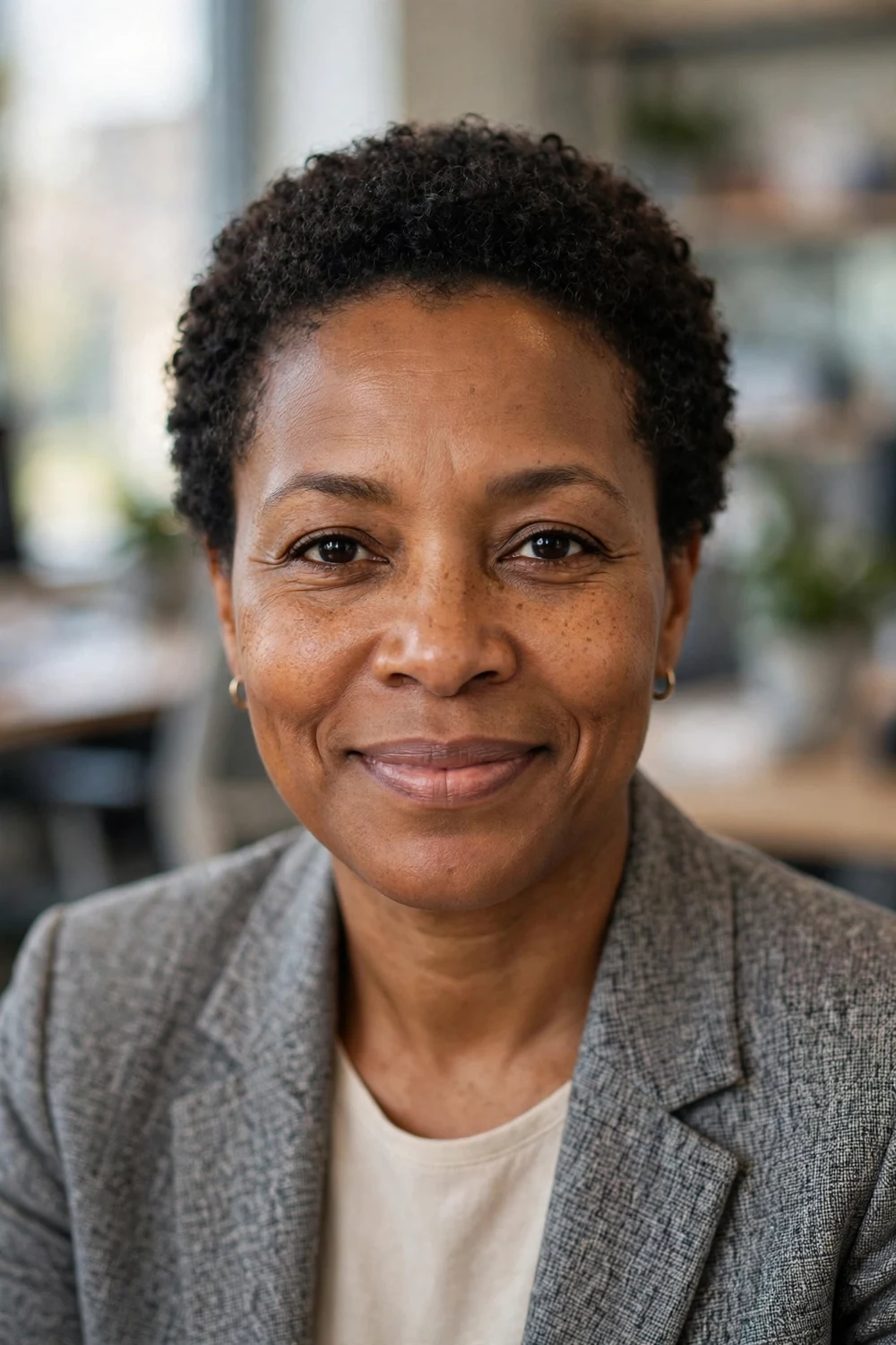 Black woman in her late 40s with a neat short curly crop