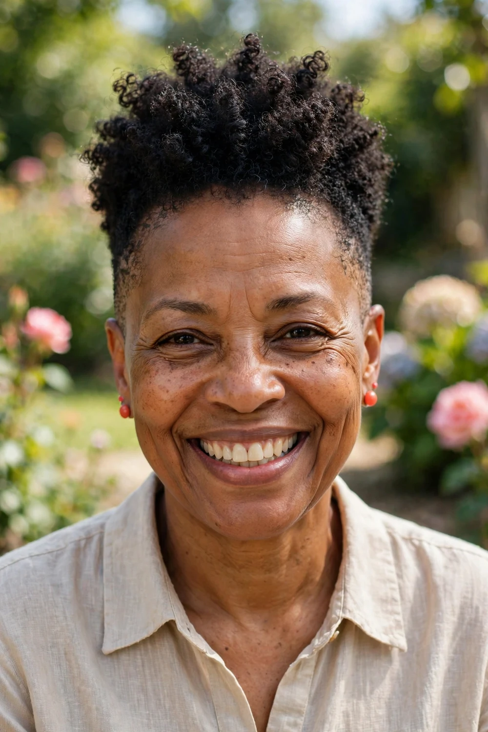 Older Black woman with a short curly crown and tapered sides