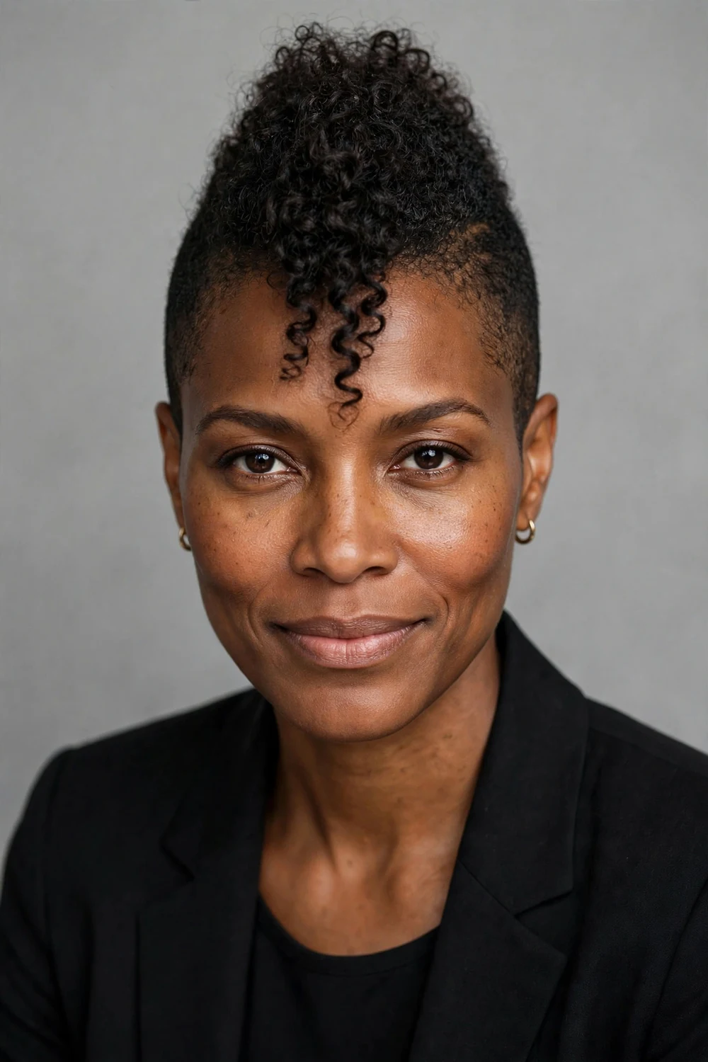 Black woman in her late 30s with a short curly frohawk and tapered sides