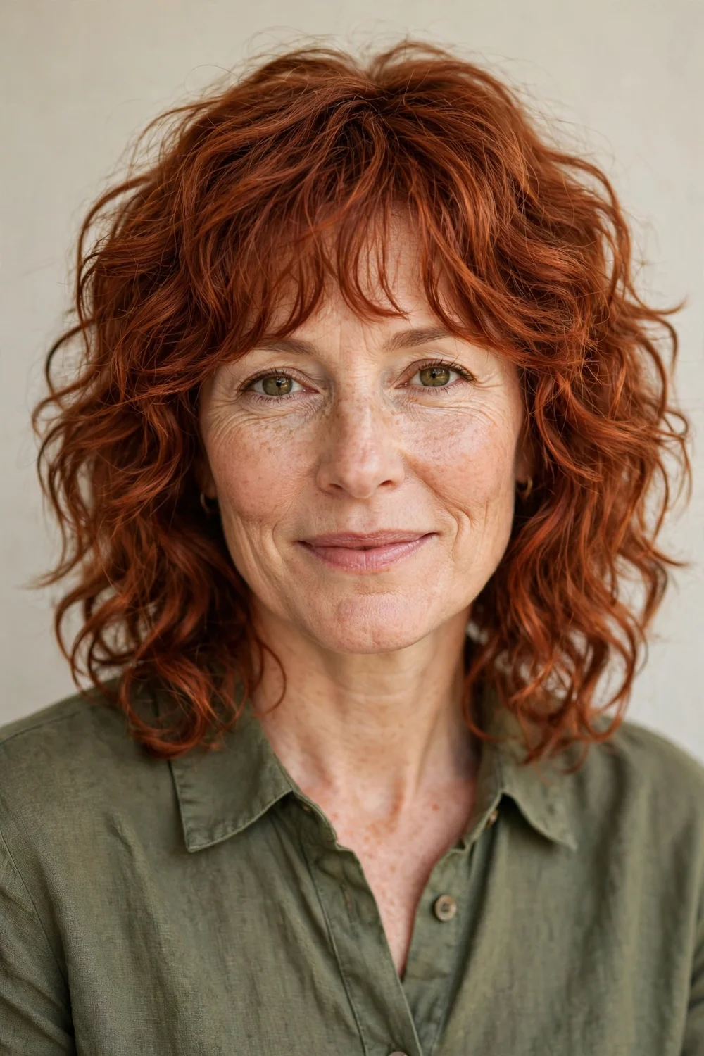 Woman in her 40s with copper-red layered curly shag and curly bangs blended into front layers