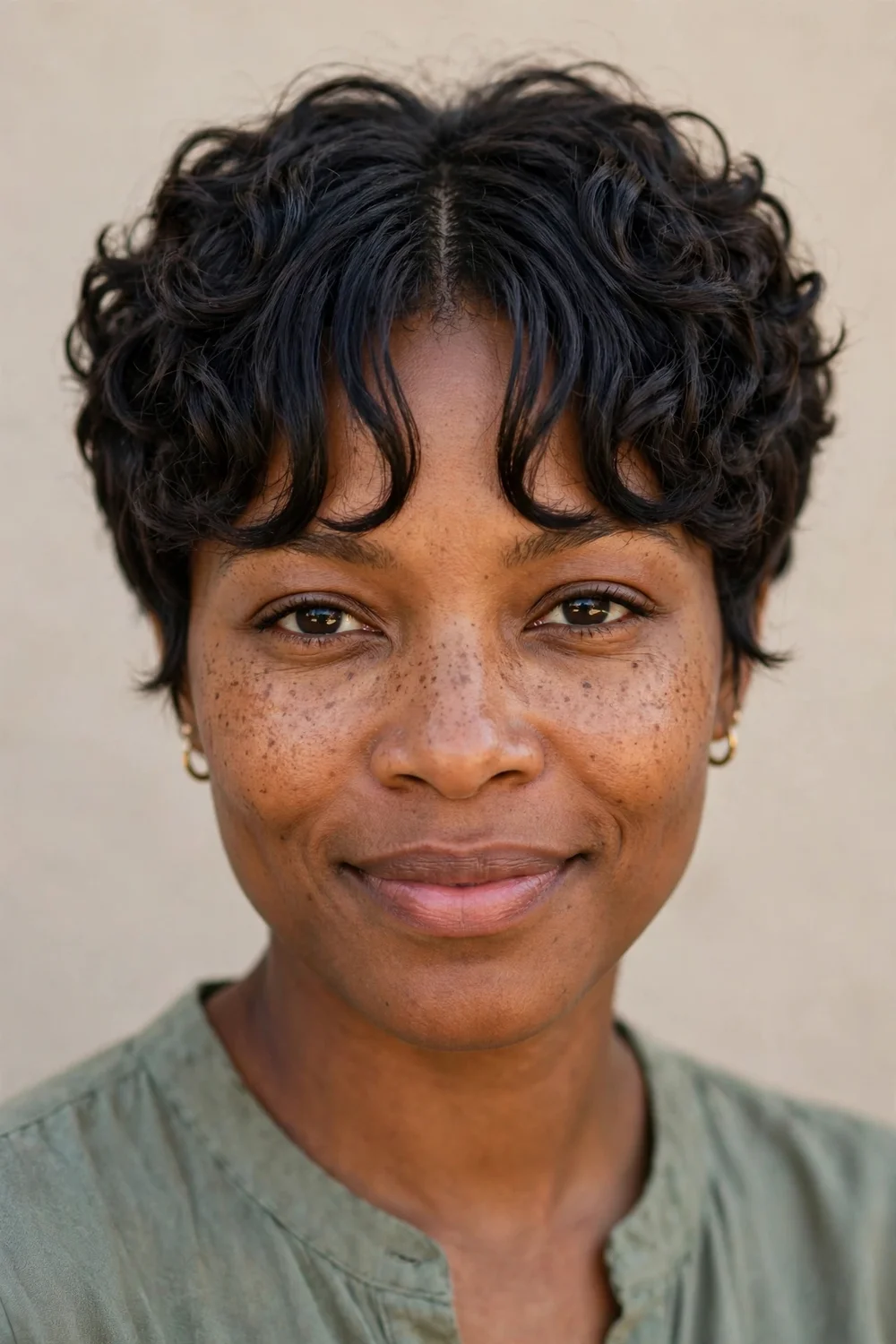 Black woman in her 30s with short curly pixie cut and longer curtain bangs parted in the middle