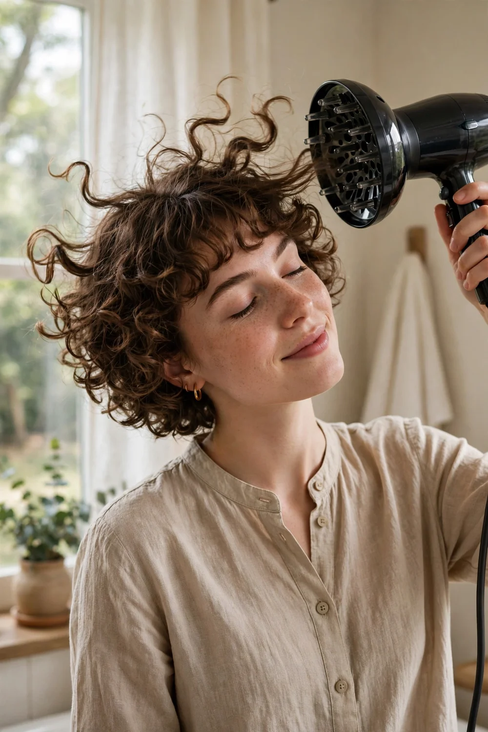 Young woman with short curly hair and bangs drying her curls with a hairdryer diffuser attachment