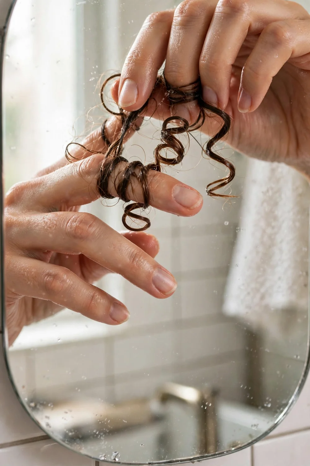 Woman's hands finger-coiling damp short curly bangs around her fingers over a mirror
