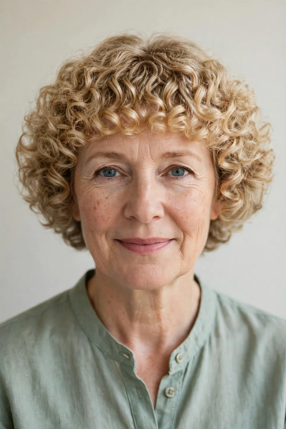 Middle-aged woman with blonde corkscrew curls and a full curly fringe covering her forehead