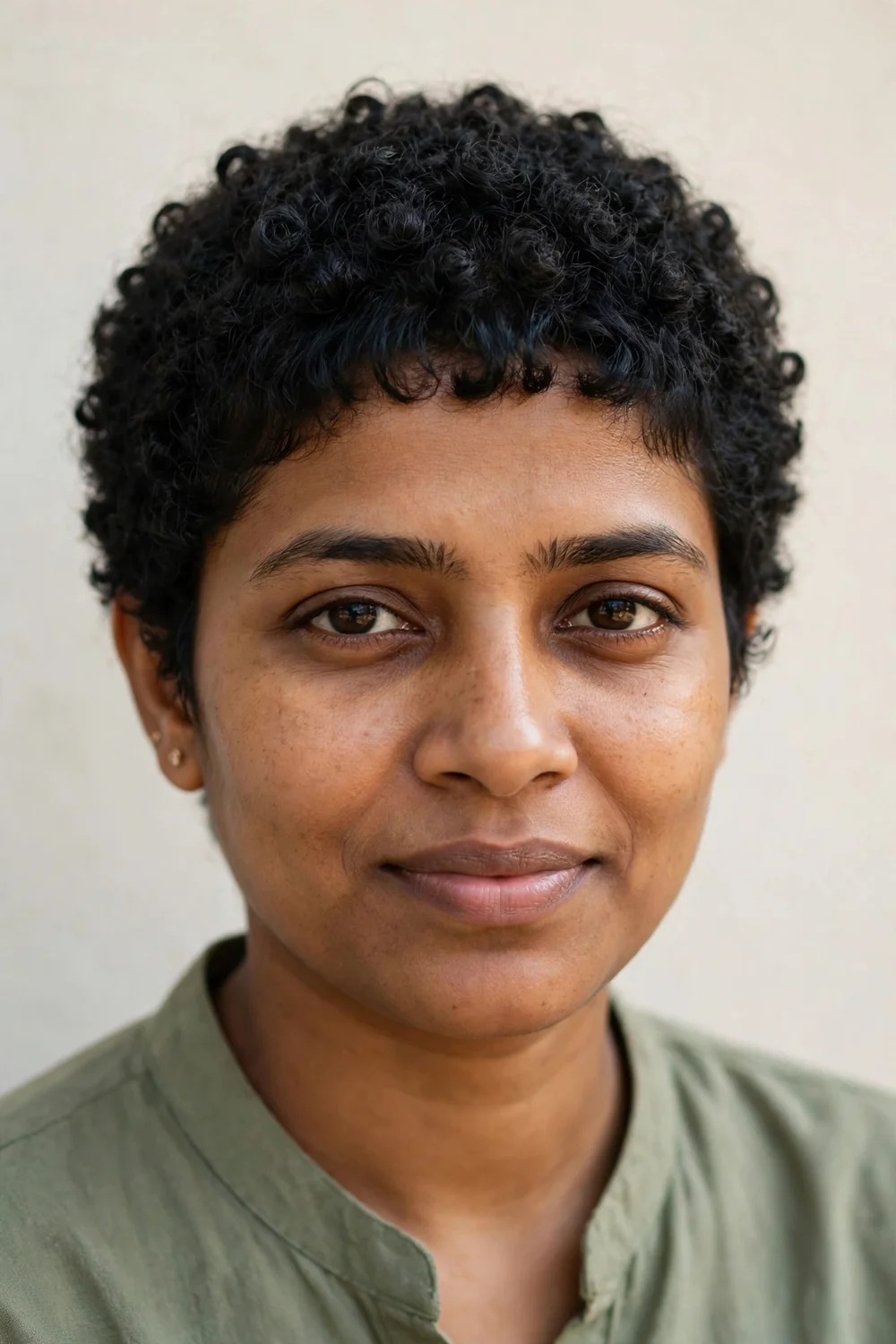 South Asian woman with short black coily crop and short micro bangs on her forehead