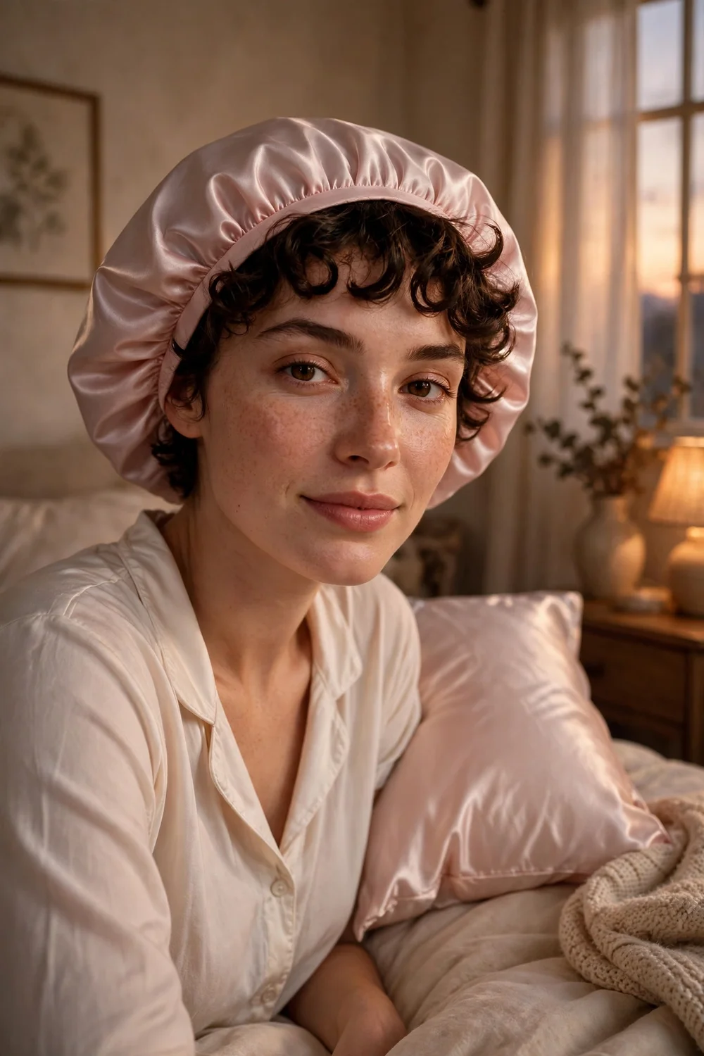 Woman wearing a silk bonnet over short curly hair with bangs visible at her forehead in evening light