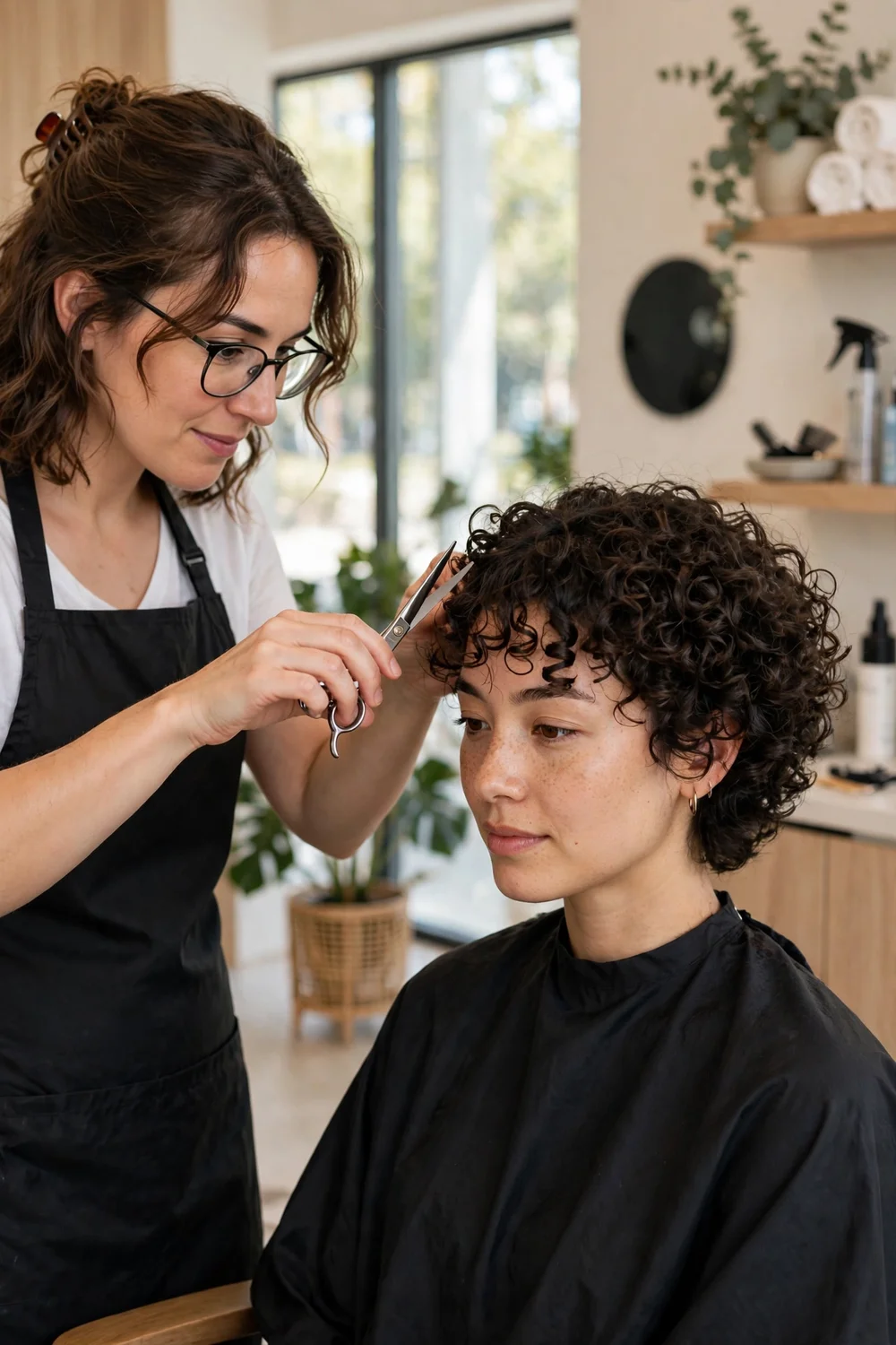 Hairstylist dry-cutting the curly bangs of a seated woman with short curly hair in a salon