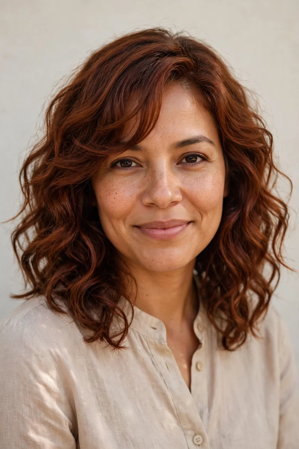 Latina woman with curly lob and long side-swept bangs brushing across her forehead