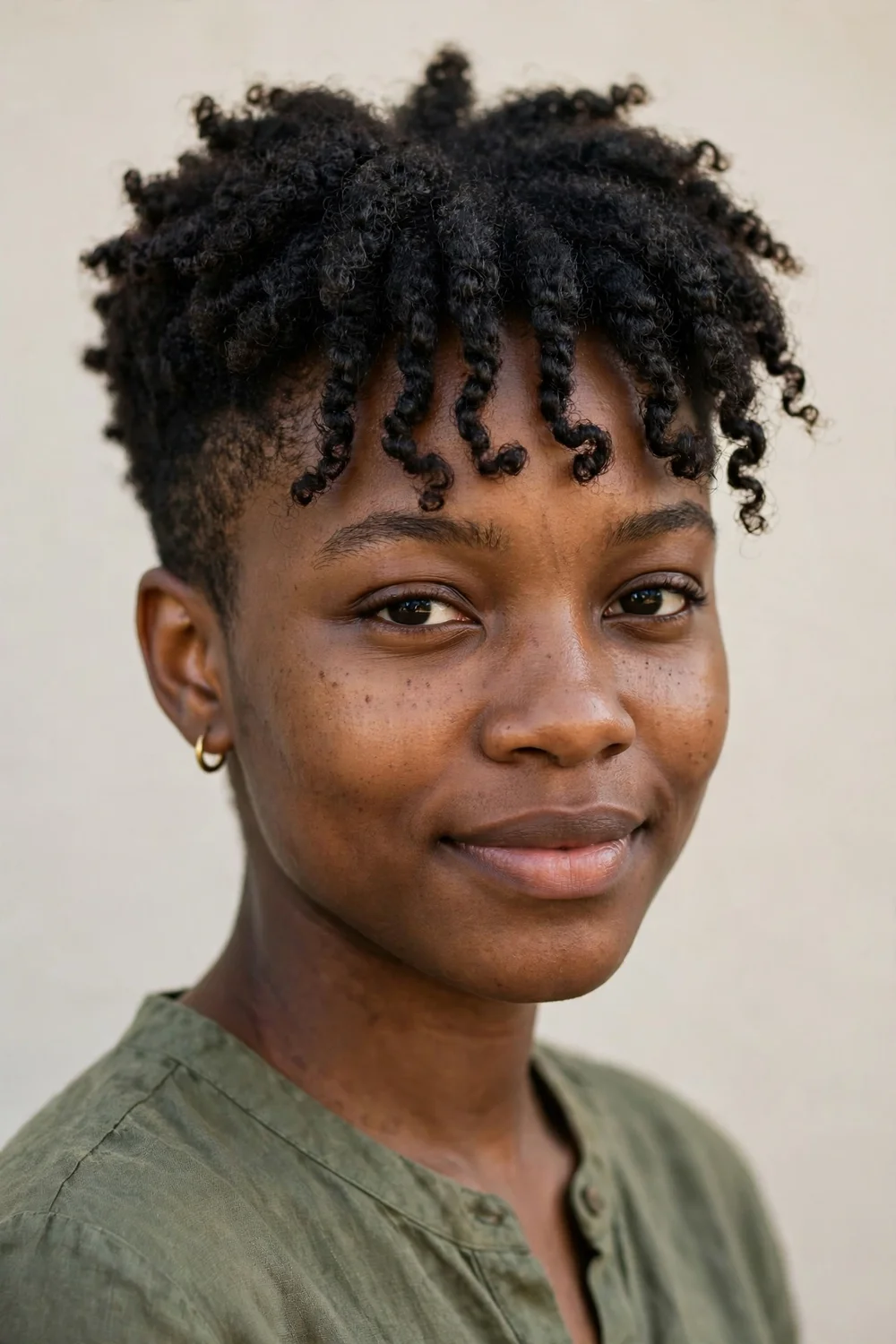 Young Black woman with short tapered coily cut and shaped coil bangs across her forehead