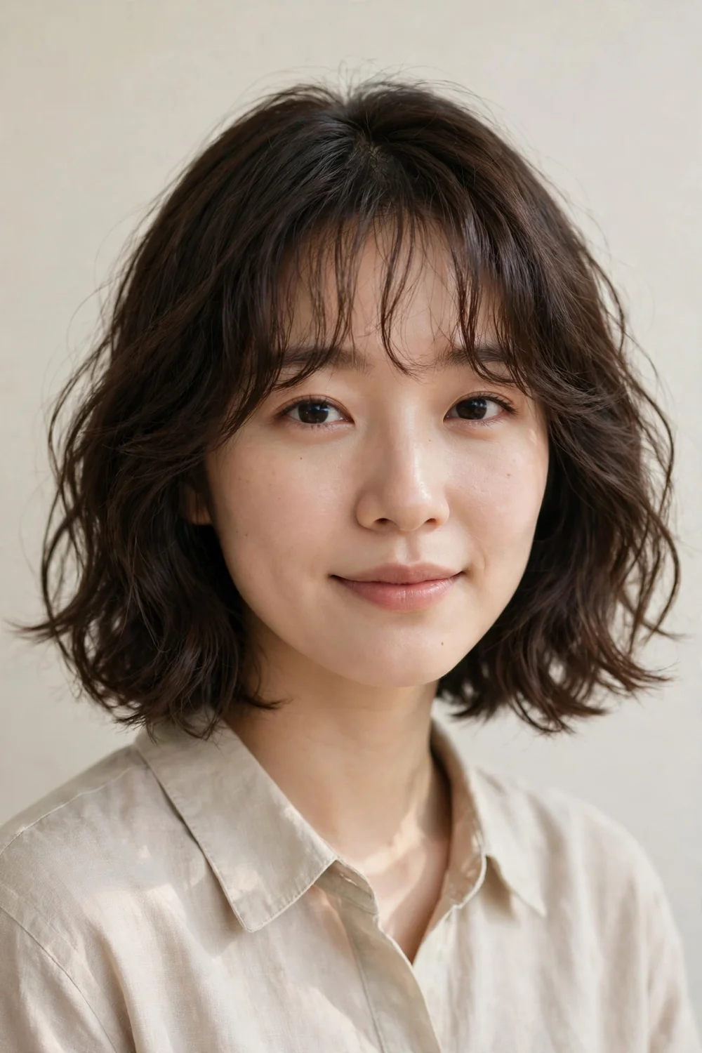 East Asian woman with chin-length wavy lob and airy see-through bangs grazing her eyebrows