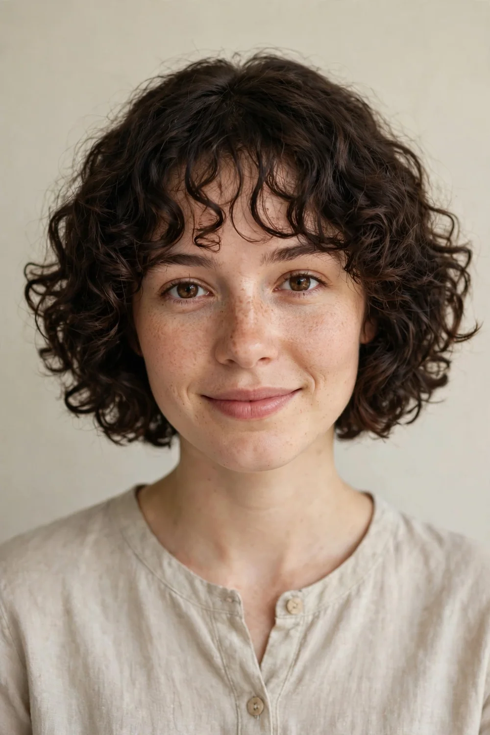 Young woman with short dark curly bob and soft wispy bangs across her forehead