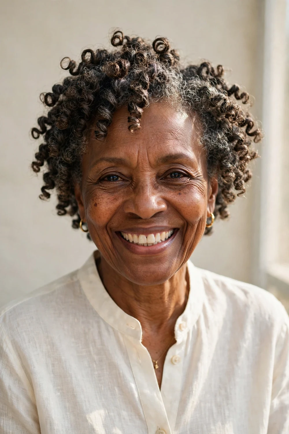 Older Black woman in her 60s with springy bantu knot-out curls on short hair