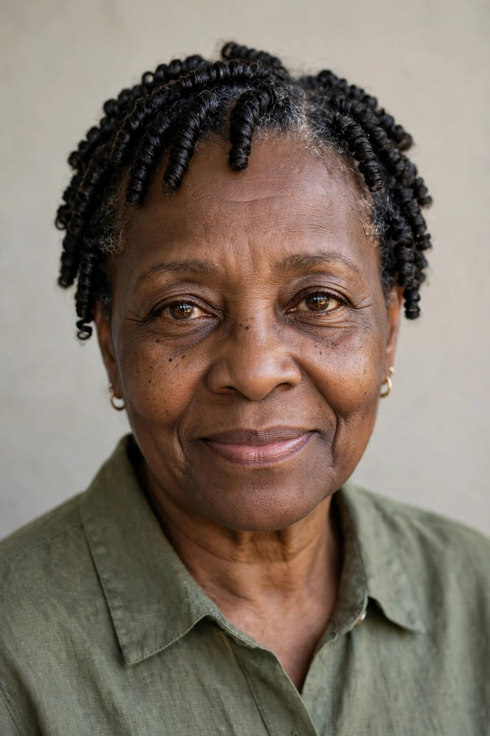 Older Black woman in her 60s with long-lasting comb coils on short natural hair