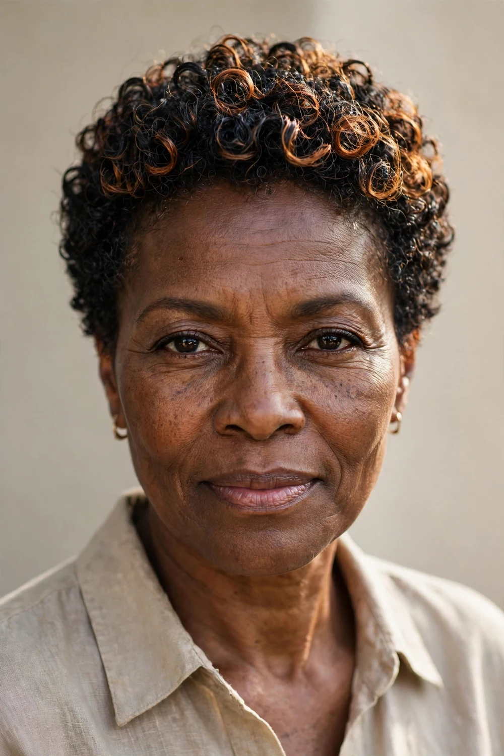 Older Black woman in her 50s with a short curly crop with warm copper highlights