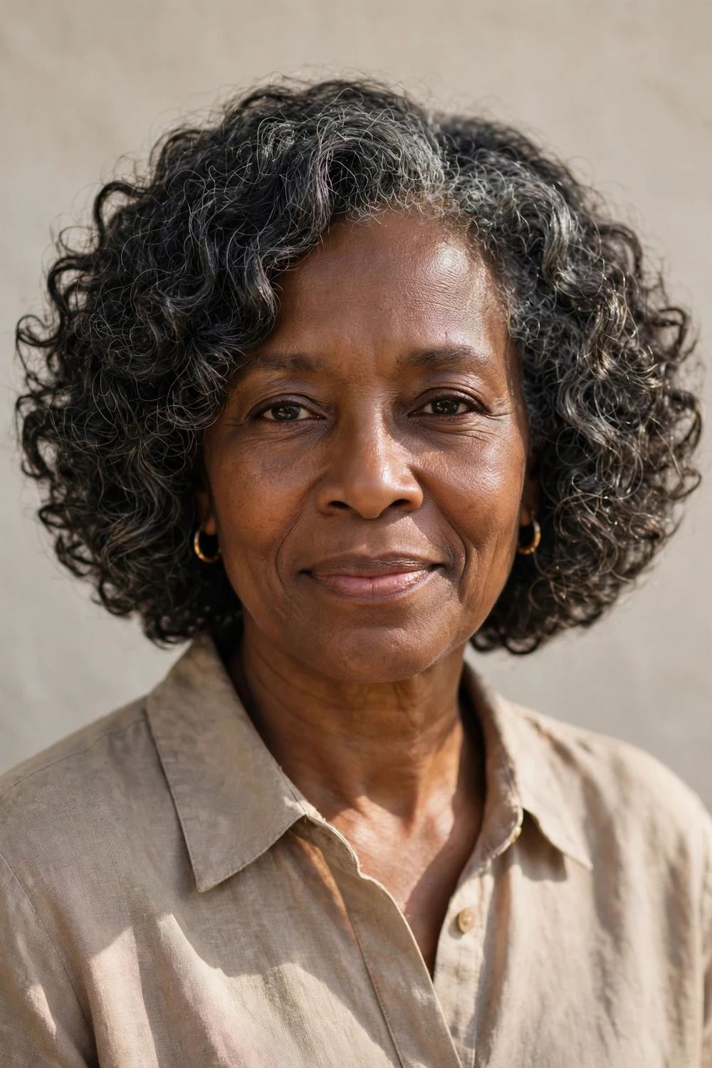 Older Black woman in her 50s with a rounded chin-length curly bob