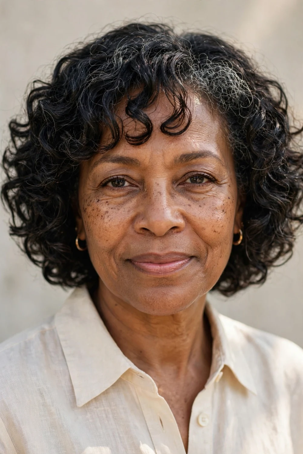 Older Black woman in her 50s with a curly bob and soft curly fringe