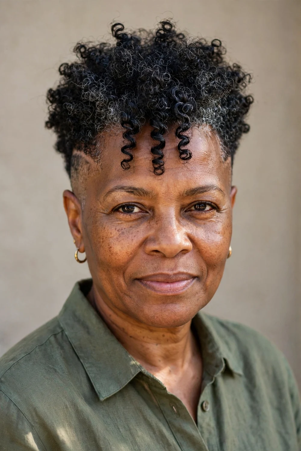 Older Black woman in her 50s with a curly frohawk, tapered sides and full curls down the center