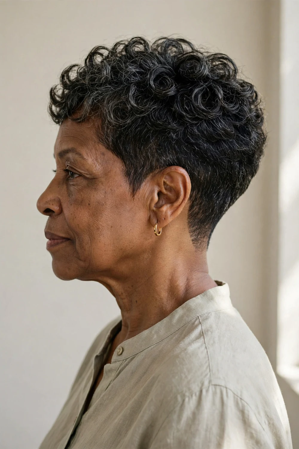 Older Black woman in her 50s with a curly pixie and clean tapered nape