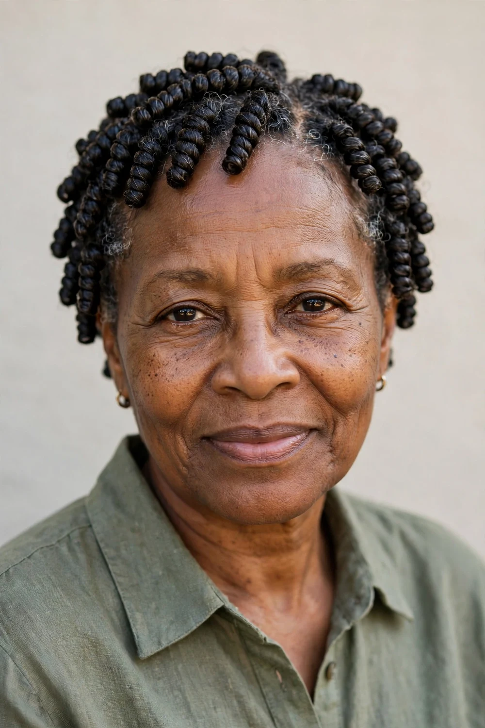 Older Black woman in her 60s with neat finger coils all over short natural hair