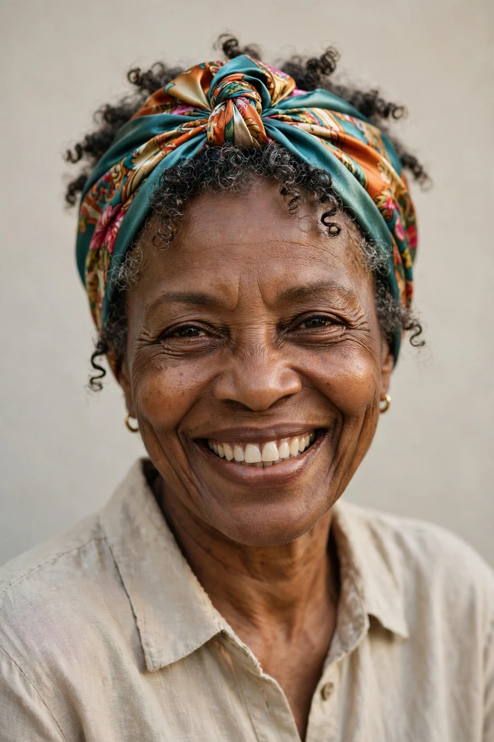 Older Black woman in her 60s with short curls styled with a satin-lined headwrap