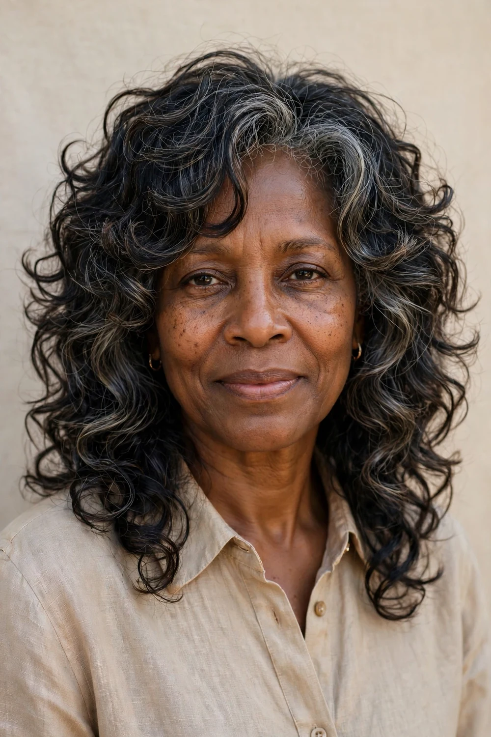 Older Black woman in her 50s with a layered curly shag with face-framing pieces