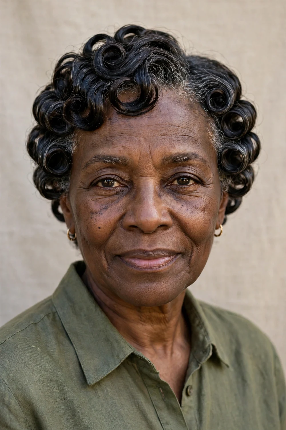 Older Black woman in her 60s with glossy defined curls from a perm rod set