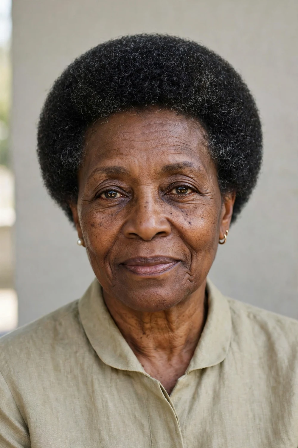 Older Black woman in her 60s with a neatly shaped rounded mini afro
