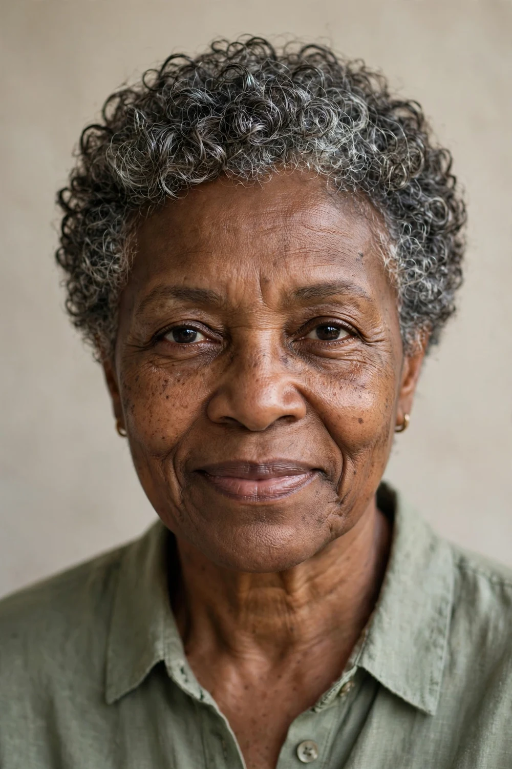 Older Black woman in her 60s with defined salt-and-pepper curls on a short cut