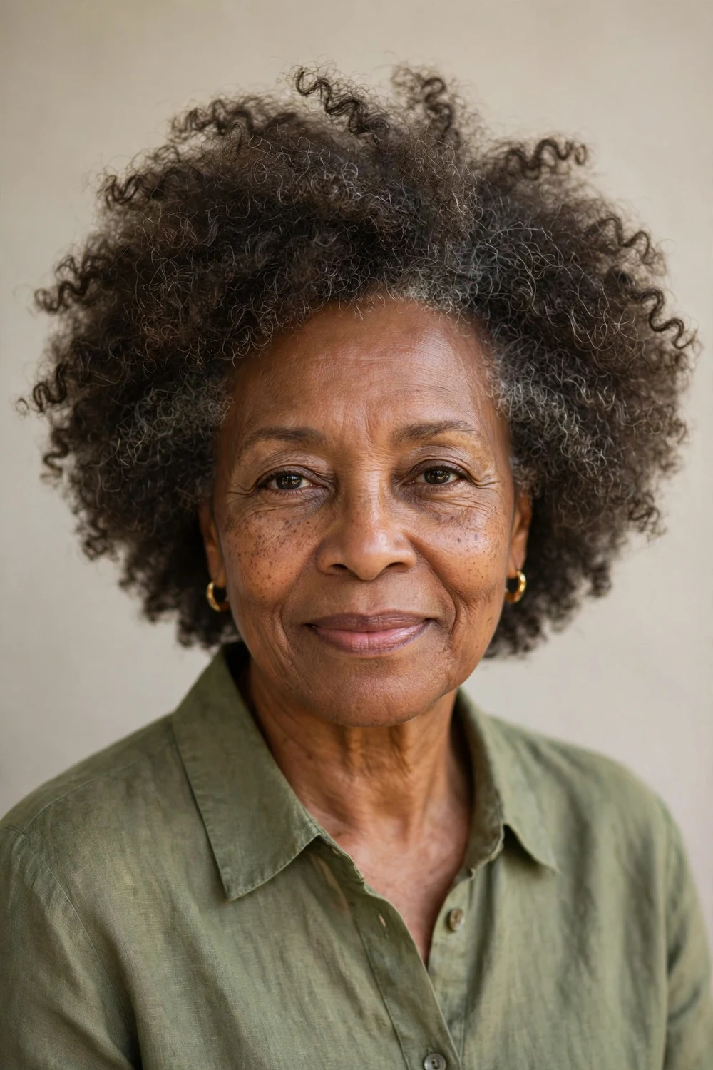 Older Black woman in her 60s with a fluffy short twist-out on natural hair