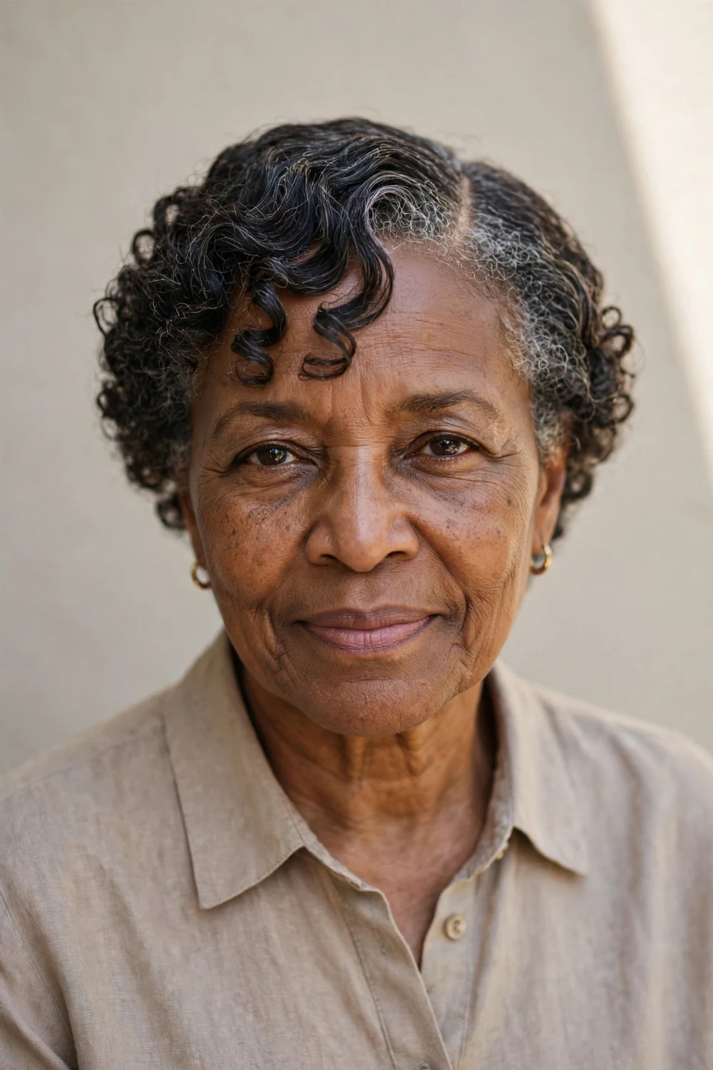 Older Black woman in her 60s with short curls in a deep side part swept across the forehead