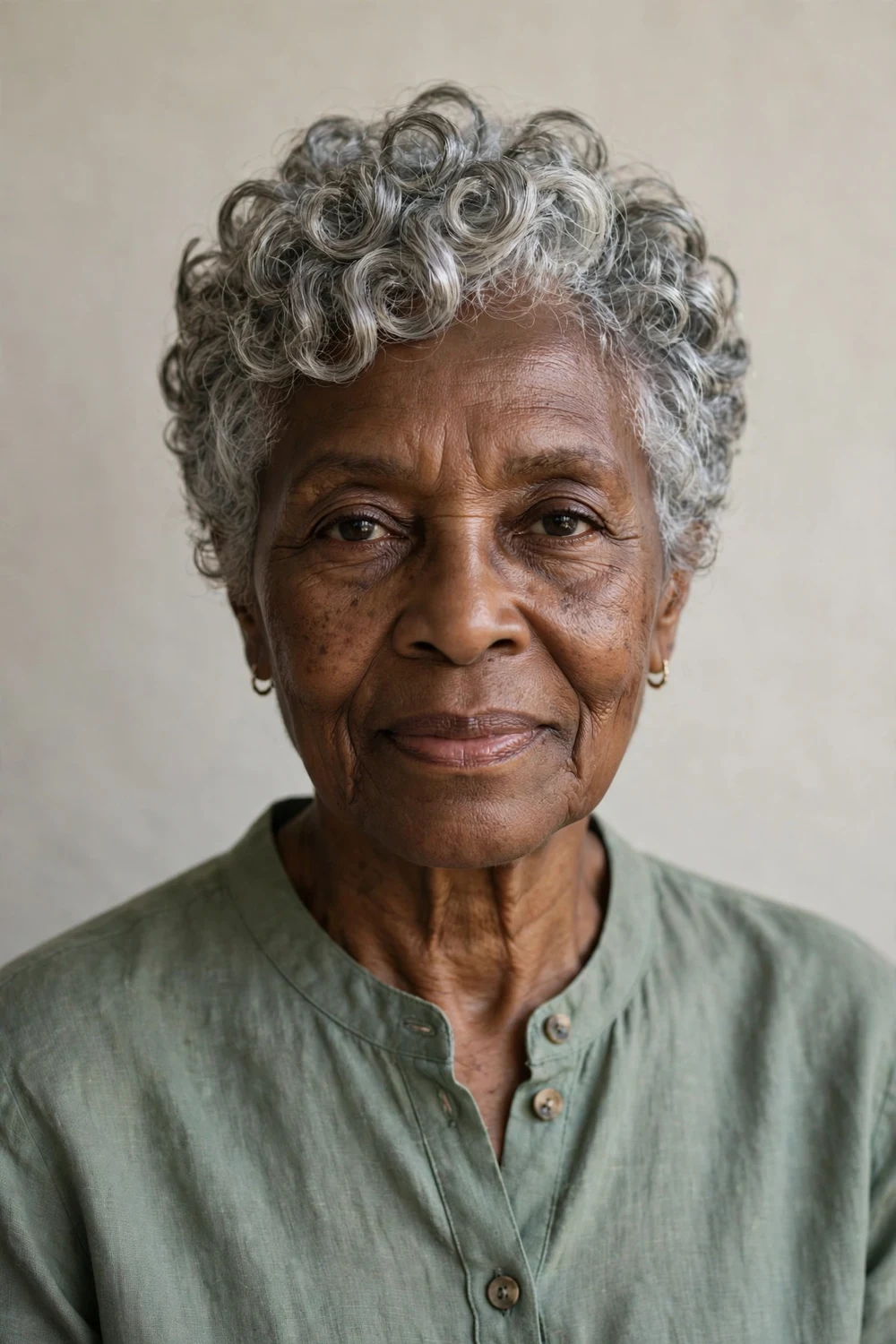 Older Black woman in her 70s with a silver-gray curly pixie cut