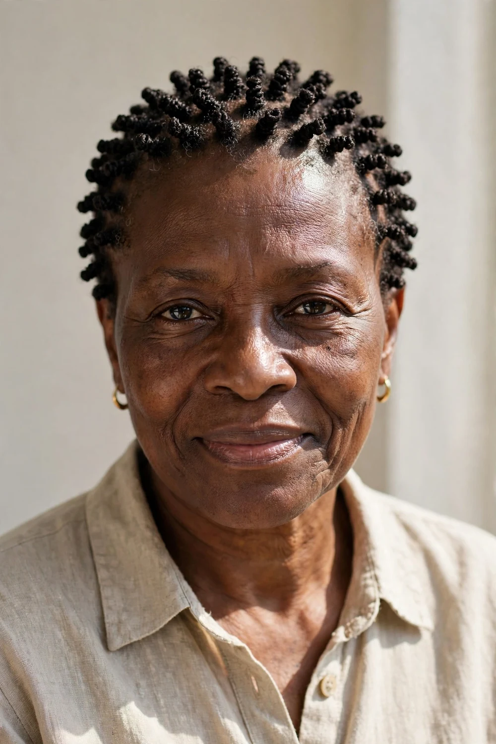 Older Black woman in her 50s with tight coils made with a curl sponge on very short hair