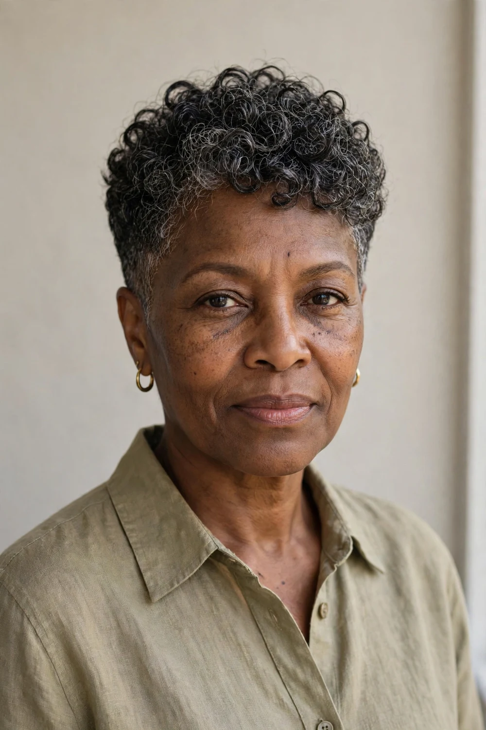 Older Black woman in her 50s with a tapered curly pixie, short sides and full curls on top
