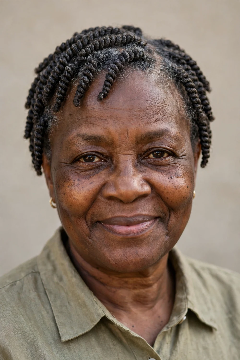 Older Black woman in her 60s with neat two-strand twists on a short crop