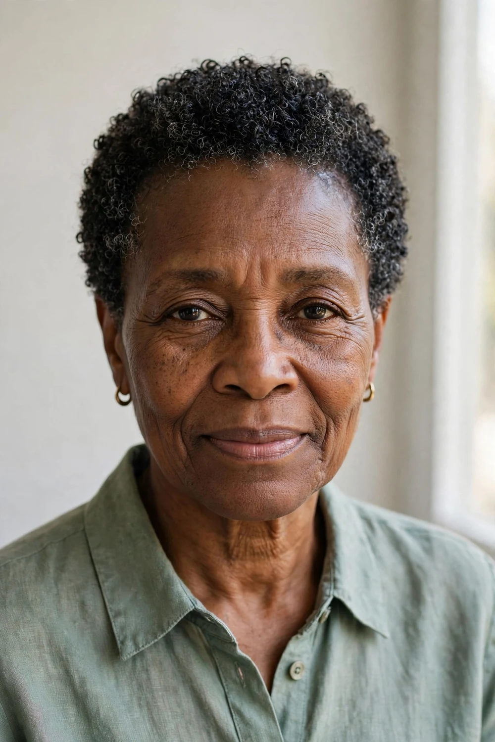 Older Black woman in her 60s with a defined wash-and-go teeny weeny afro