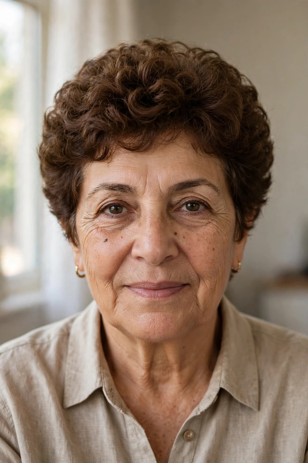 Woman over 50 with a short curly mushroom pixie, rounded shape in natural brown curls